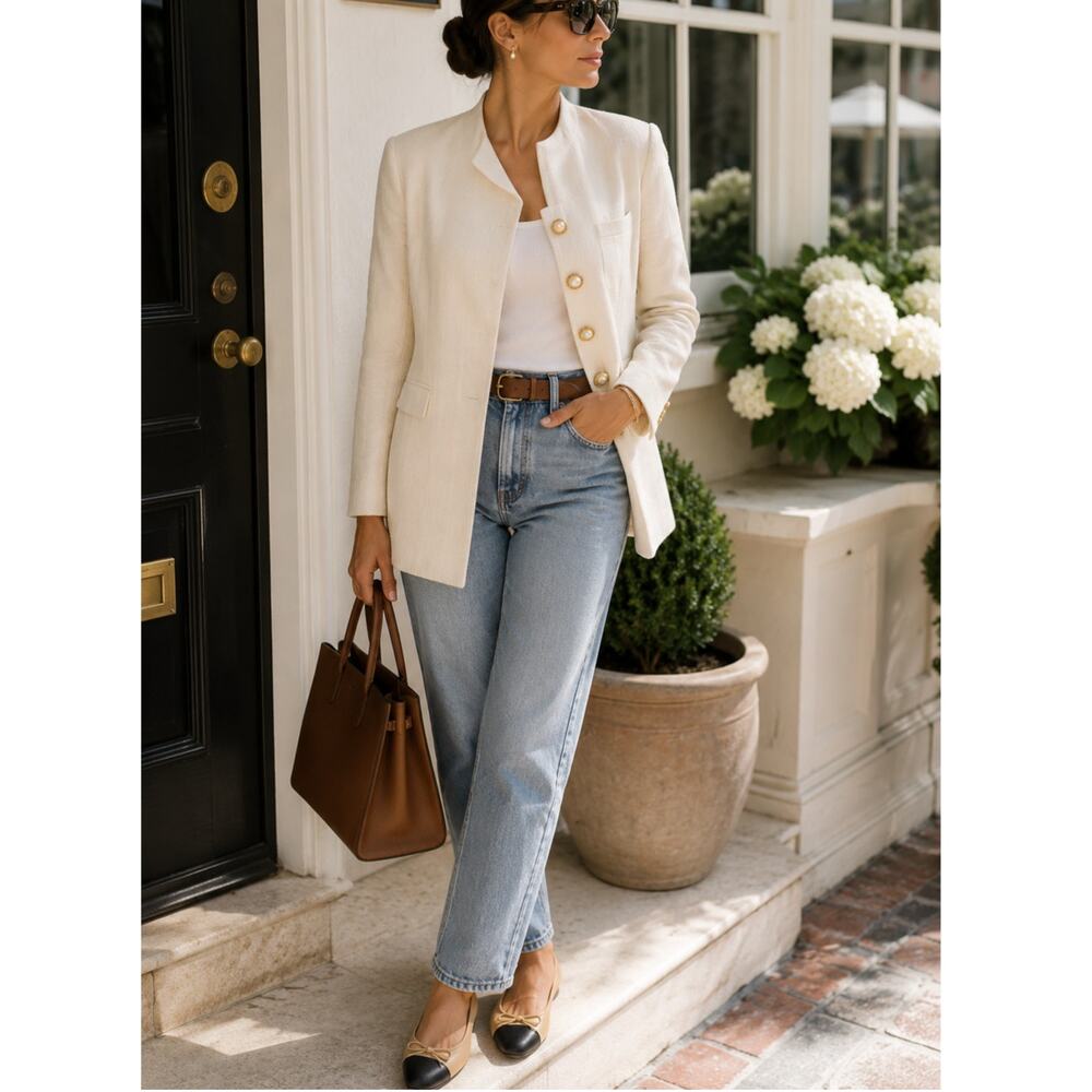 Vintage Charter Club Ivory Pearl Button Longline Blazer Petite size 10/M